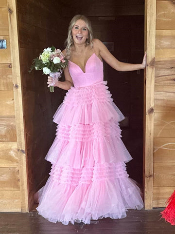 A Line V Neck Layered Pink Tulle Long Prom Dresses, Long Pink Formal Graduation Evening Dresses SP3076