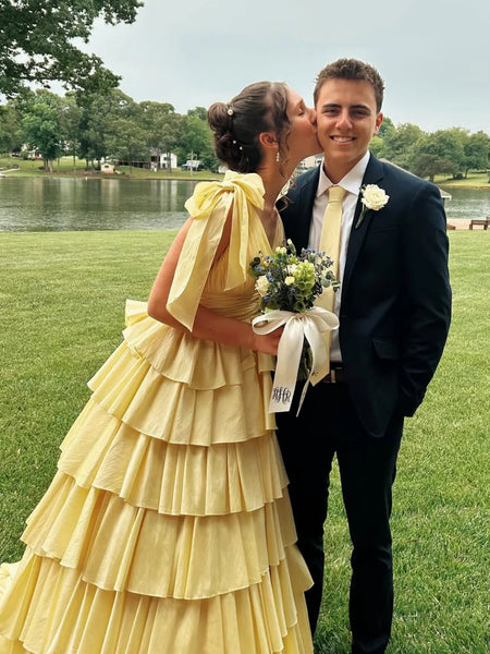 A Line V Neck Layered Yellow Satin Long Prom Dresses, Yellow Formal Graduation Evening Dresses SP3234