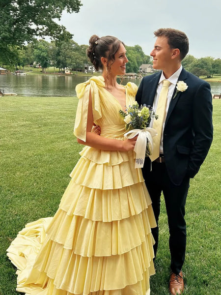 A Line V Neck Layered Yellow Satin Long Prom Dresses, Yellow Formal Graduation Evening Dresses SP3234