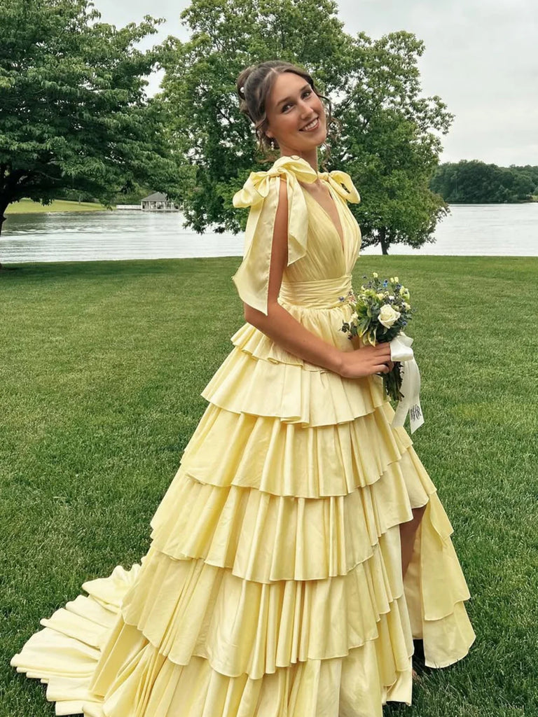 A Line V Neck Layered Yellow Satin Long Prom Dresses, Yellow Formal Gr Shiny Party A Line V Neck Layered Yellow Satin Long Prom Dresses, Yellow Formal Gr Shiny Party