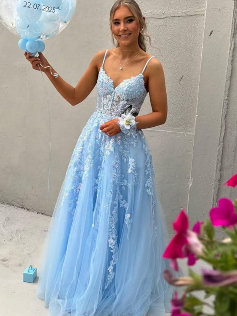 A Line V Neck Light Blue Lace Long Prom Dresses, Light Blue Lace Formal Dresses, Lace Evening Dresses  SP3303