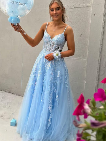 A Line V Neck Light Blue Lace Long Prom Dresses, Light Blue Lace Formal Dresses, Lace Evening Dresses  SP3303