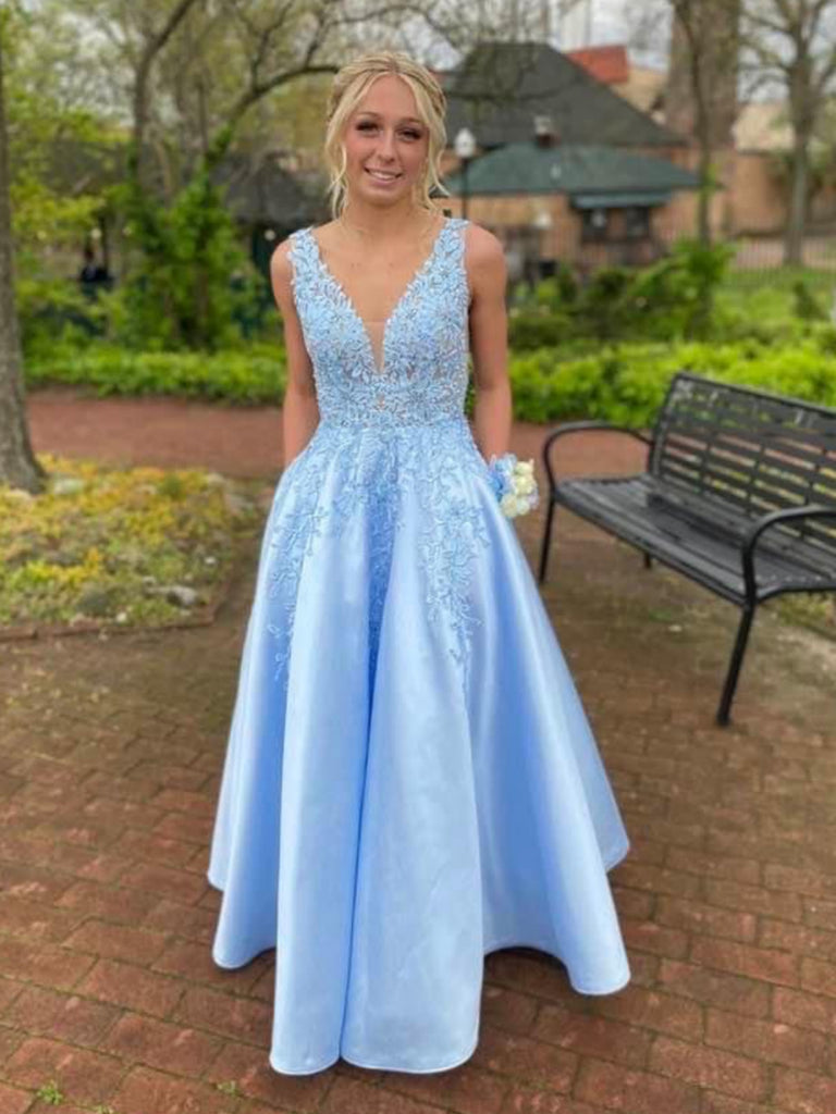 A Line V Neck Light Blue Lace Long Prom Dresses, Light Blue Lace Forma