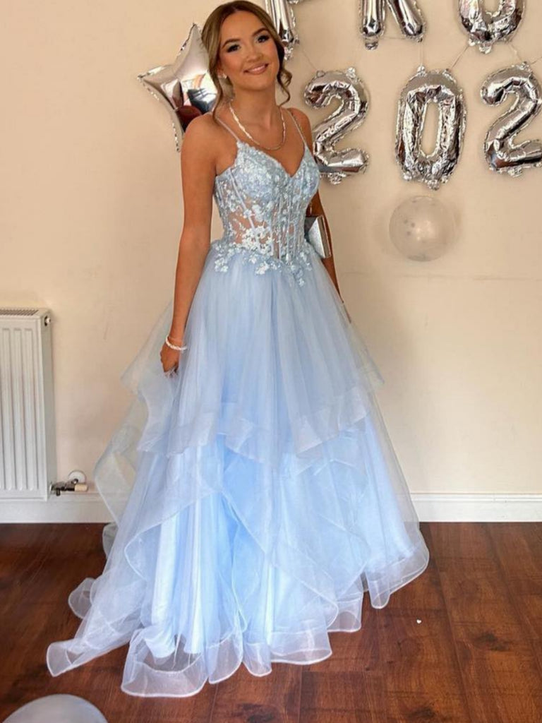 A Line V Neck Light Blue Lace Long Prom Dresses, Light Blue Lace Forma Shiny Party A Line V Neck Light Blue Lace Long Prom Dresses, Light Blue Lace Forma Shiny Party