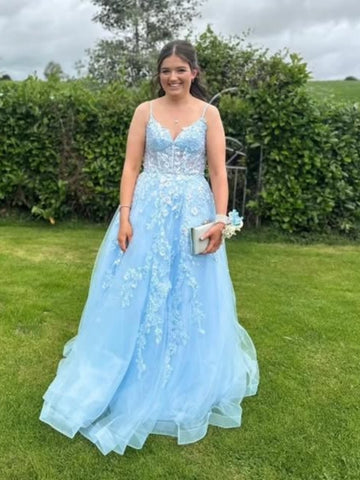 A Line V Neck Light Blue Lace Long Prom Dresses, Light Blue Lace Formal Graduation Evening Dresses SP3298