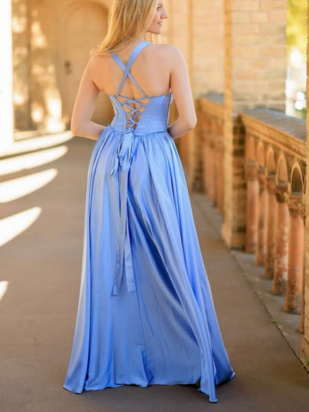A Line V Neck Light Blue Satin Long Prom Dresses with Slit, Blue Formal Graduation Evening Dresses SP3400