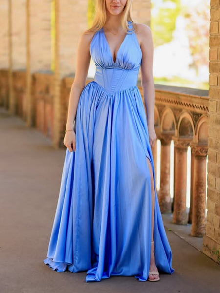 A Line V Neck Light Blue Satin Long Prom Dresses with Slit, Blue Formal Graduation Evening Dresses SP3400