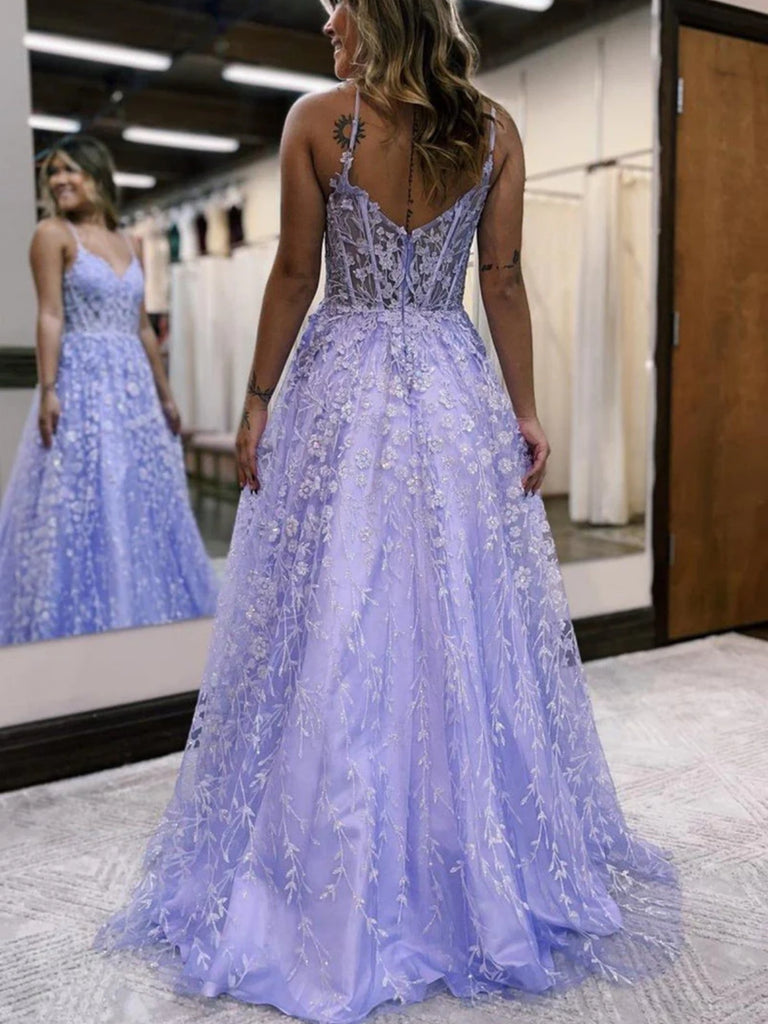A Line V Neck Lilac/Gold Lace Floral Long Prom Dresses, Purple/Gold La Shiny Party A Line V Neck Lilac/Gold Lace Floral Long Prom Dresses, Purple/Gold La Shiny Party