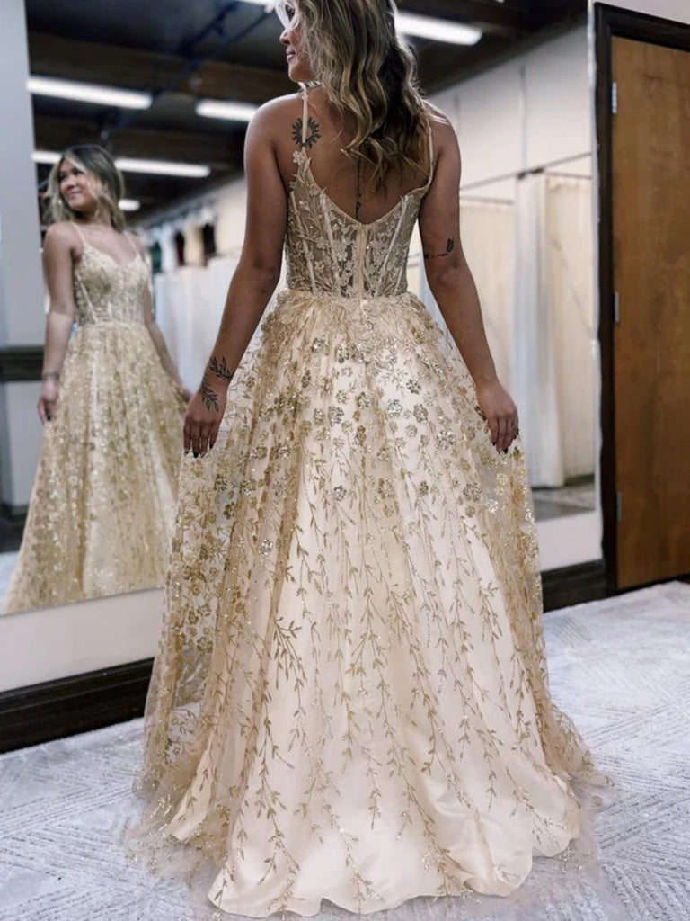 A Line V Neck Lilac/Gold Lace Floral Long Prom Dresses, Purple/Gold La Shiny Party A Line V Neck Lilac/Gold Lace Floral Long Prom Dresses, Purple/Gold La Shiny Party