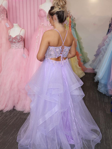 A Line V Neck Lilac Lace Long Prom Dresses, Lilac Lace Formal Dresses, Lilac Tulle Evening Dresses SP3444