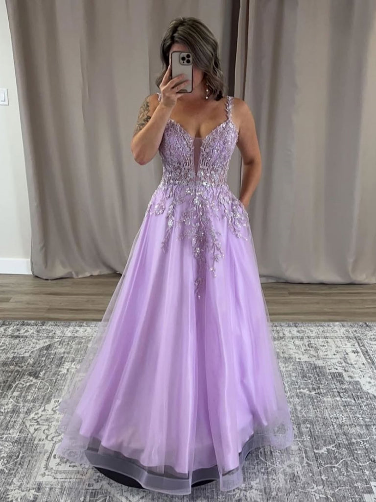 A Line V Neck Lilac Lace Long Prom Dresses, Lilac Lace Formal Dresses, Lilac Tulle Evening Dresses SP3310