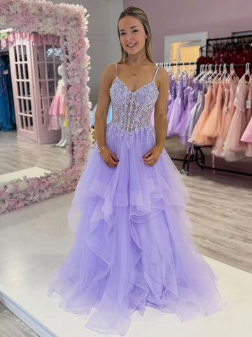 A Line V Neck Lilac Lace Long Prom Dresses, Lilac Lace Formal Dresses, Lilac Tulle Evening Dresses SP3392