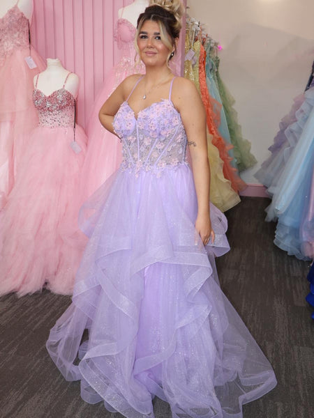 A Line V Neck Lilac Lace Long Prom Dresses, Lilac Lace Formal Dresses, Lilac Tulle Evening Dresses SP3444