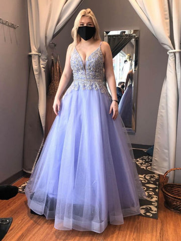 A Line V Neck Lilac Lace Long Prom Dresses, Lilac Lace Formal Dresses, Long Lilac Evening Dresses SP2989