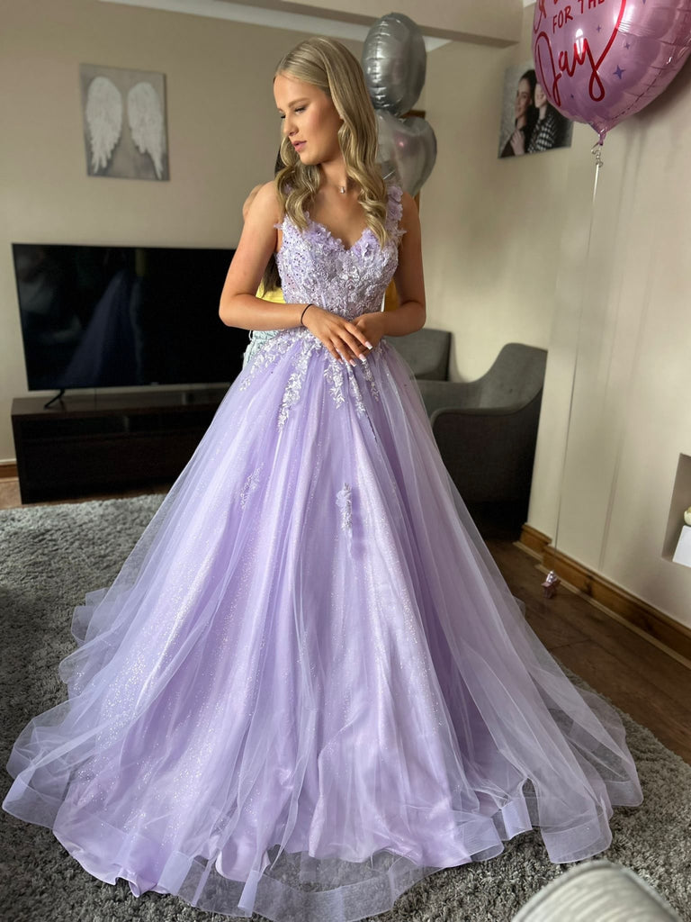 A Line V Neck Lilac Lace Long Prom Dresses, Lilac Lace Formal Dresses, Purple Evening Dresses SP3434