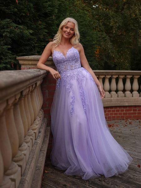 A Line V Neck Lilac Lace Long Prom Dresses with Slit, Lilac Lace Formal Dresses, Lilac Evening Dresses SP3472