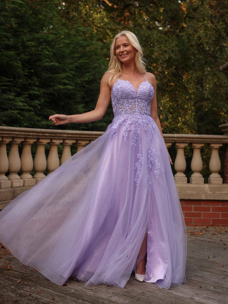 A Line V Neck Lilac Lace Long Prom Dresses with Slit, Lilac Lace Formal Dresses, Lilac Evening Dresses SP3472