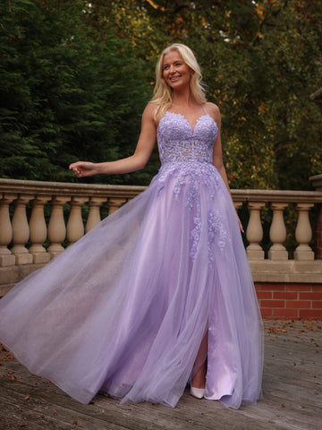 A Line V Neck Lilac Lace Long Prom Dresses with Slit, Lilac Lace Formal Dresses, Lilac Evening Dresses SP3472
