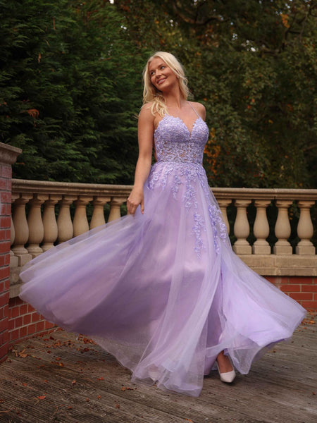A Line V Neck Lilac Lace Long Prom Dresses with Slit, Lilac Lace Formal Dresses, Lilac Evening Dresses SP3472