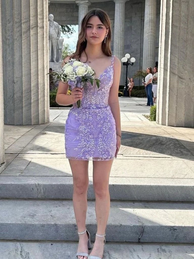 A Line V Neck Lilac Lace Prom Dresses, Short Lilac Lace Homecoming Dre Shiny Party A Line V Neck Lilac Lace Prom Dresses, Short Lilac Lace Homecoming Dre Shiny Party