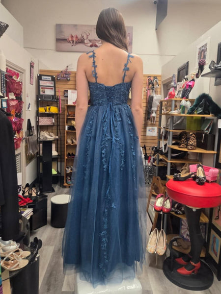 A Line V Neck Navy Blue Lace Long Prom Dresses, Navy Blue Lace Formal Graduation Evening Dresses SP3347