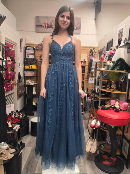 A Line V Neck Navy Blue Lace Long Prom Dresses, Navy Blue Lace Formal Graduation Evening Dresses SP3347