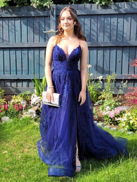 A Line V Neck Navy Blue Lace Long Prom Dresses with High Slit, Navy Blue Lace Formal Graduation Evening Dresses SP3356