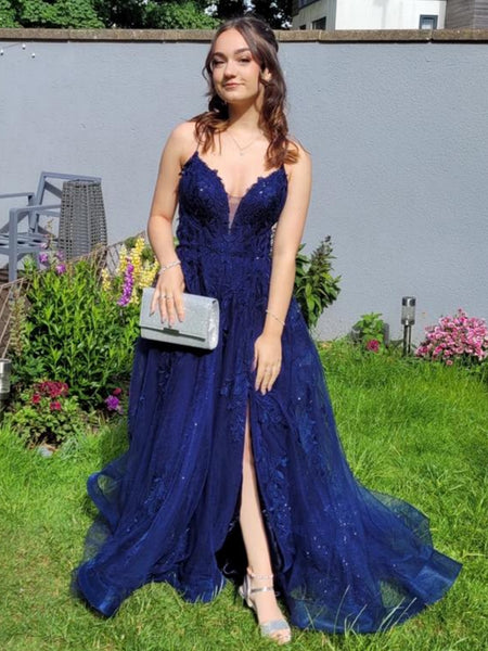 A Line V Neck Navy Blue Lace Long Prom Dresses with High Slit, Navy Blue Lace Formal Graduation Evening Dresses SP3356