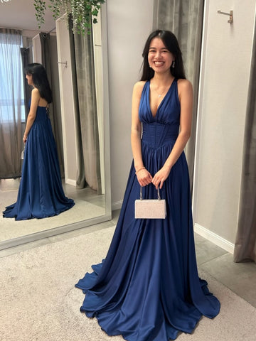 A Line V Neck Navy Blue Satin Long Prom Dresses, Navy Blue Formal Graduation Evening Dresses SP3337