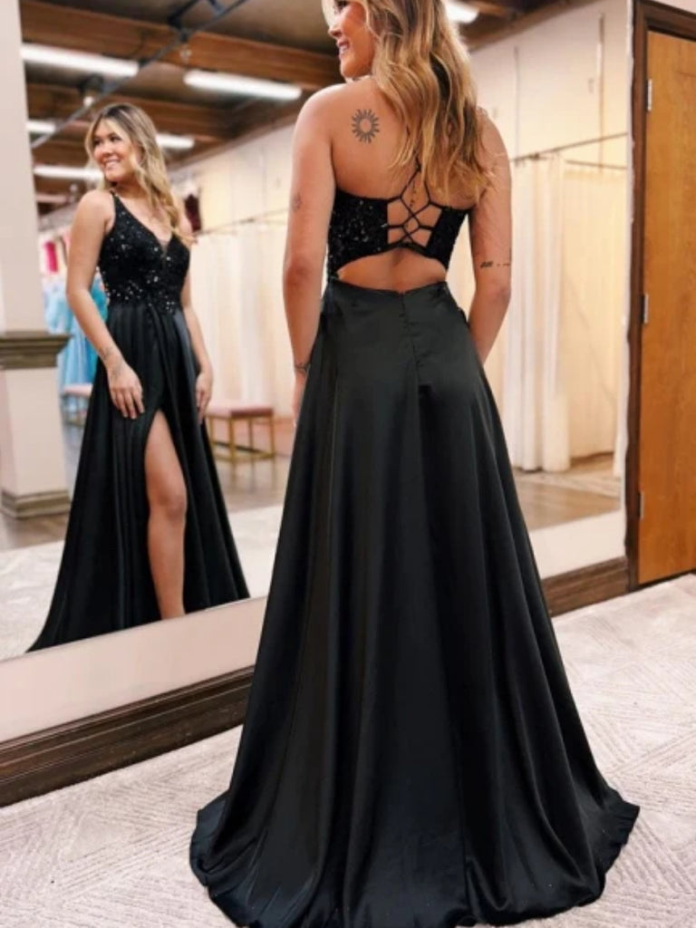 Shiny Sequins A Line V Neck Open Back Black Long Prom Dress, Sparkly B –  abcprom