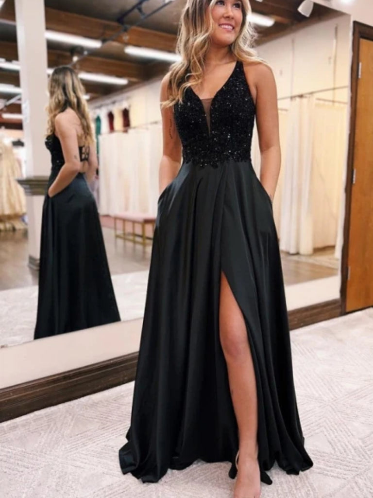 A Line V Neck Open Back Black Sequin Long Prom Dresses with High Slit, Shiny Party A Line V Neck Open Back Black Sequin Long Prom Dresses with High Slit, Shiny Party