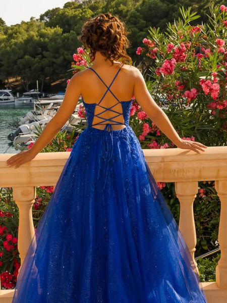 A Line V Neck Open Back Blue Lace Long Prom Dresses with High Slit, Blue Lace Formal Dresses, Blue Evening Dresses SP3383