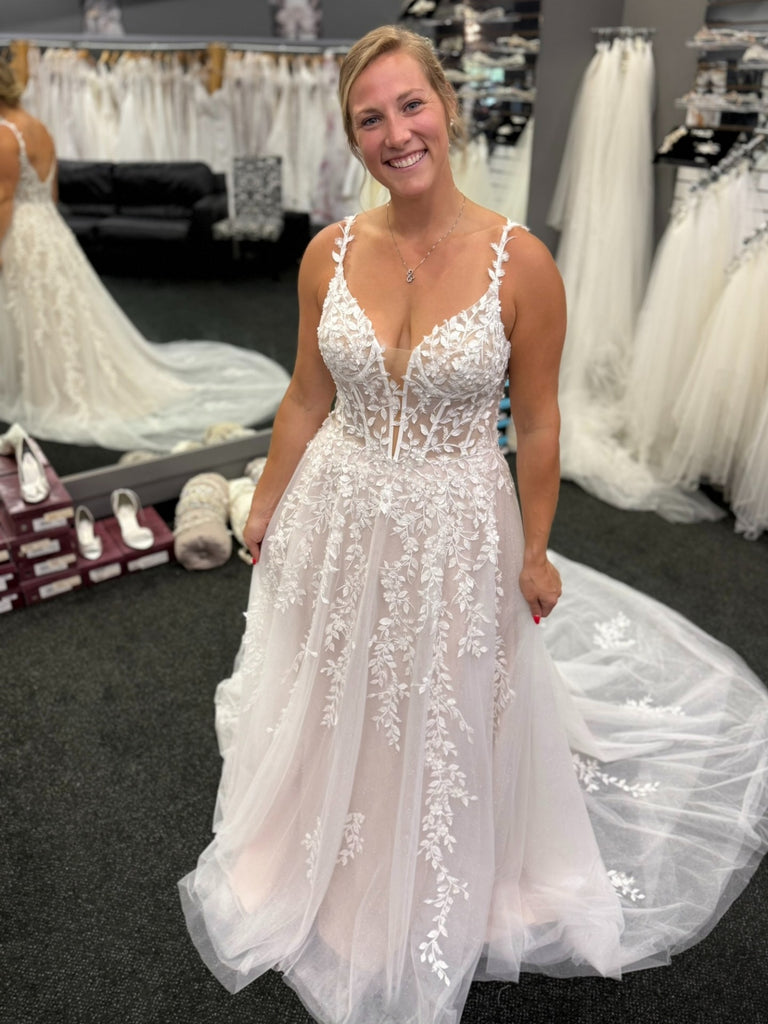 A Line V Neck Open Back Champagne Lace Long Prom Dresses with Train, Champagne Lace Wedding Dresses, Champagne Formal Evening Dresses SP3321