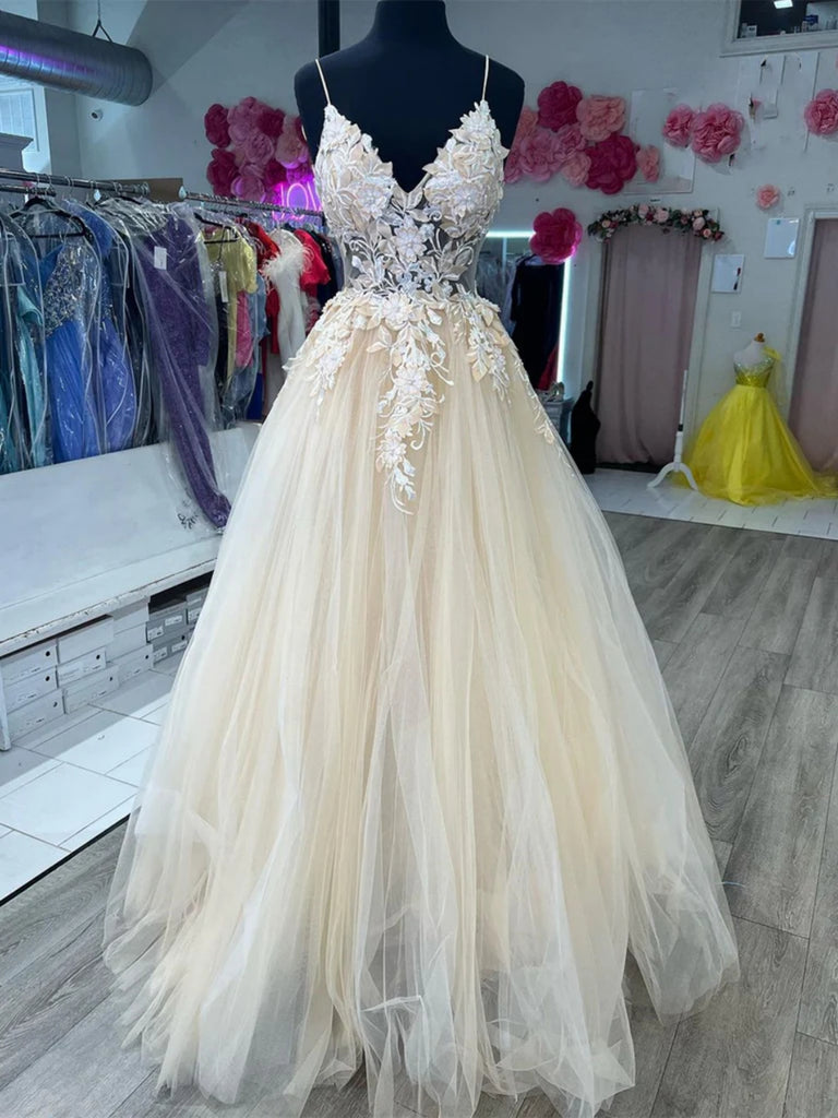 A Line V Neck Open Back Champagne Long Prom Dresses with Lace Appliques, Backless Champagne Formal Graduation Evening Dresses SP2819