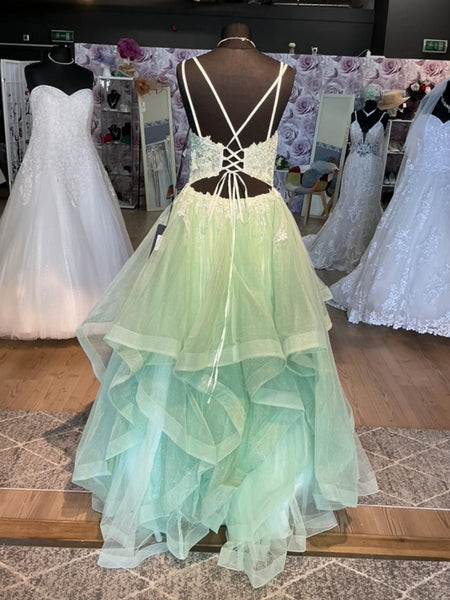 A Line V Neck Open Back Green Lace Long Prom Dresses, Green Lace Formal Dresses, Green Evening Dresses SP3220