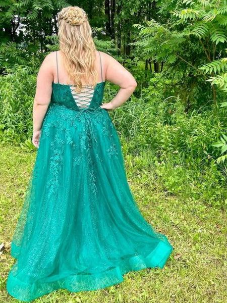 A Line V Neck Open Back Green Lace Long Prom Dresses, Green Lace Formal Graduation Evening Dresses SP3109