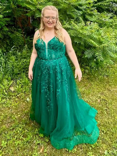 A Line V Neck Open Back Green Lace Long Prom Dresses, Green Lace Formal Graduation Evening Dresses SP3109