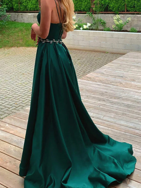A Line V Neck Open Back Green Long Prom Dresses with High Slit, Long Green Formal Graduation Evening Dresses SP2836