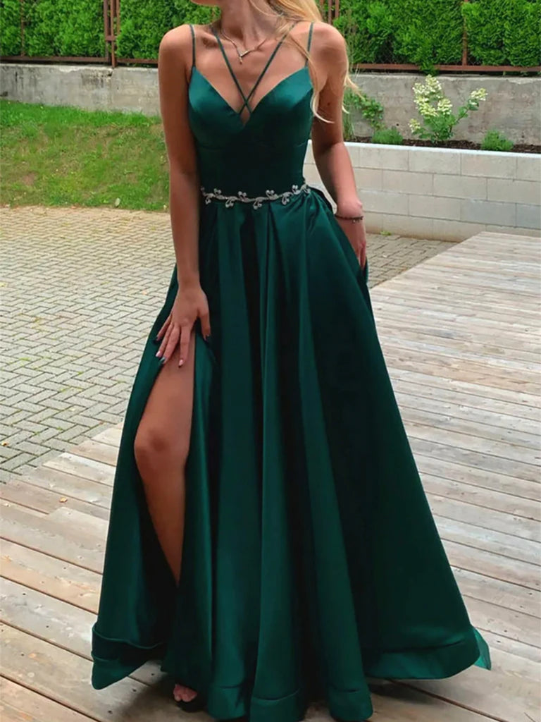 A Line V Neck Open Back Green Long Prom Dresses with High Slit, Long G Shiny Party A Line V Neck Open Back Green Long Prom Dresses with High Slit, Long G Shiny Party