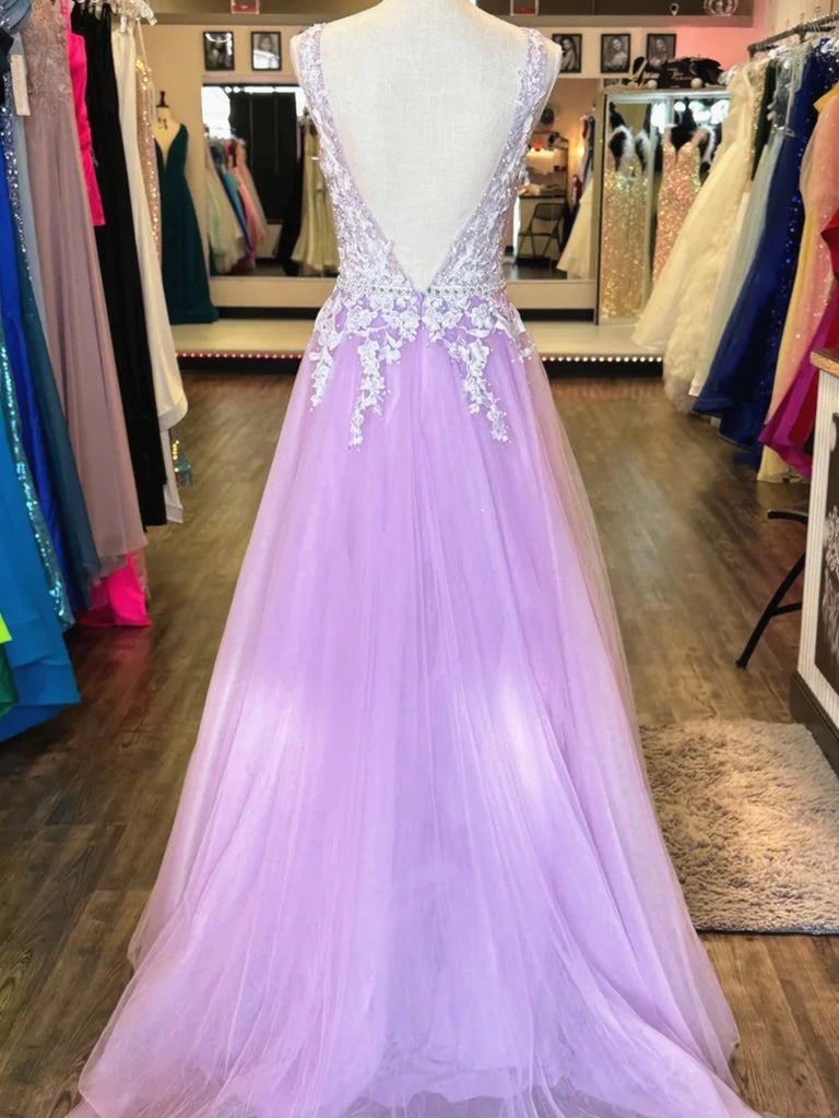 A Line V Neck Open Back Lace Lilac Tulle Long Prom Dresses, Long Lilac
