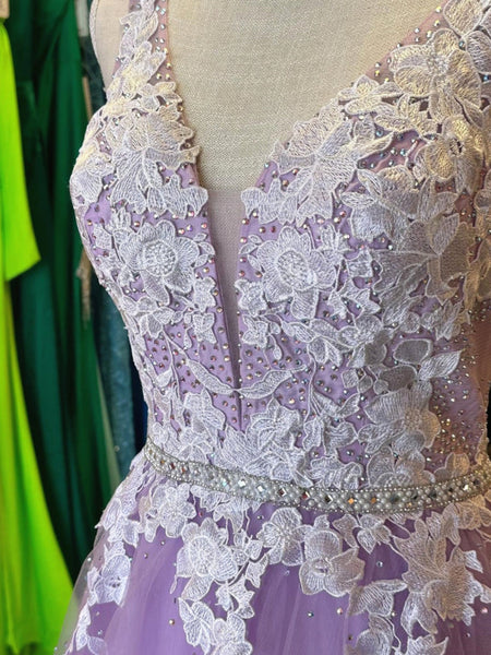 A Line V Neck Open Back Lace Lilac Tulle Long Prom Dresses, Long Lilac Formal Graduation Evening Dresses SP2860