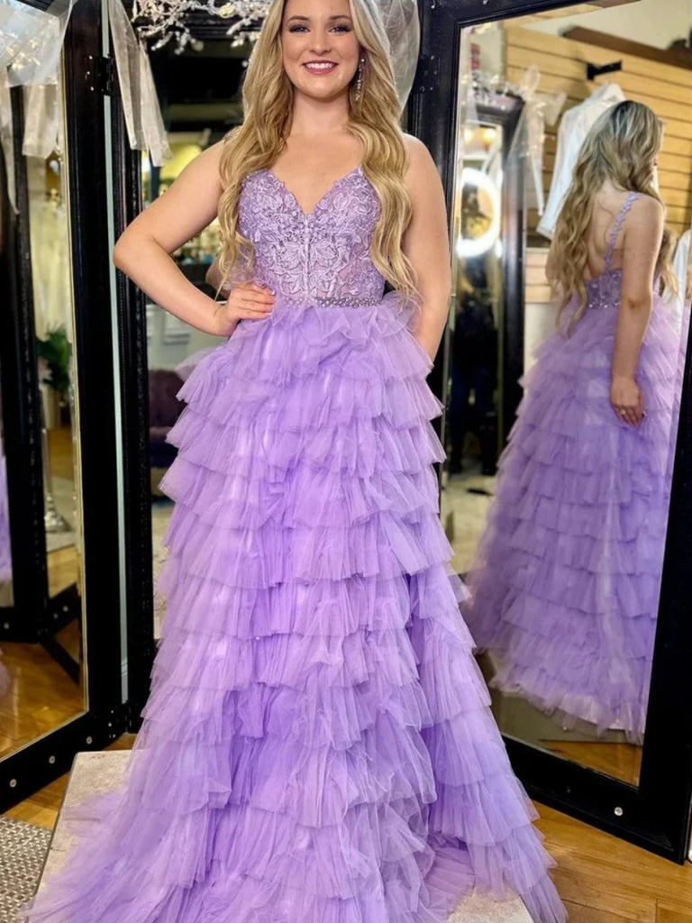 A Line V Neck Open Back Layered Lilac Lace Long Prom Dresses, Lilac Lace Formal Dresses, Lilac Evening Dresses SP3283