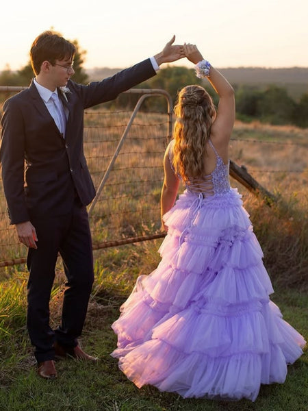 A Line V Neck Open Back Layered Lilac Lace Long Prom Dresses, Purple Lace Formal Dresses, Lilac Evening Dresses