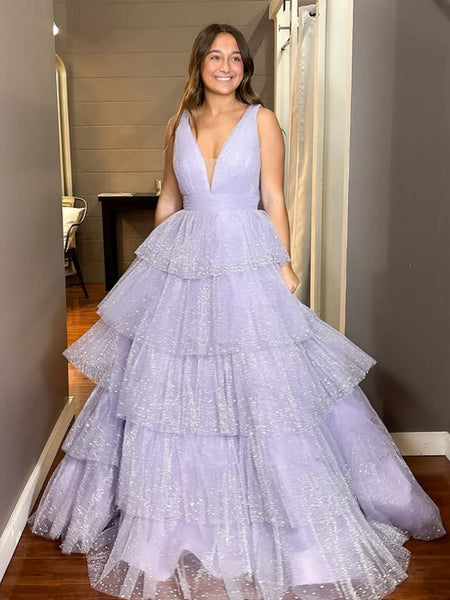 A Line V Neck Open Back Layered Lilac Long Prom Dresses, Lilac Tulle F