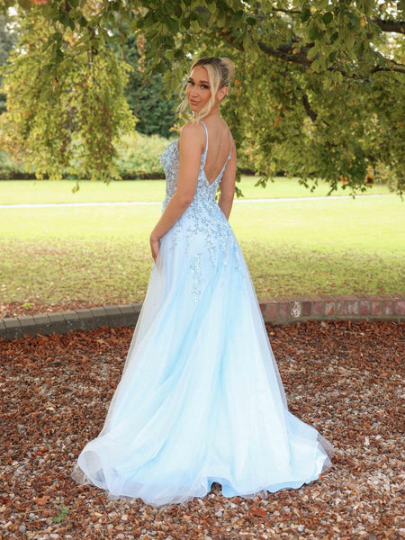 A Line V Neck Open Back Light Blue Lace Long Prom Dresses, Light Blue Lace Formal Dresses, Evening Dresses with Appliques SP3468