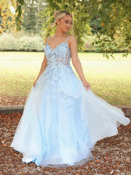 A Line V Neck Open Back Light Blue Lace Long Prom Dresses, Light Blue Lace Formal Dresses, Evening Dresses with Appliques SP3468