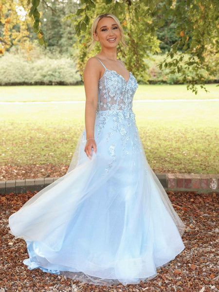 A Line V Neck Open Back Light Blue Lace Long Prom Dresses, Light Blue Lace Formal Dresses, Evening Dresses with Appliques SP3468