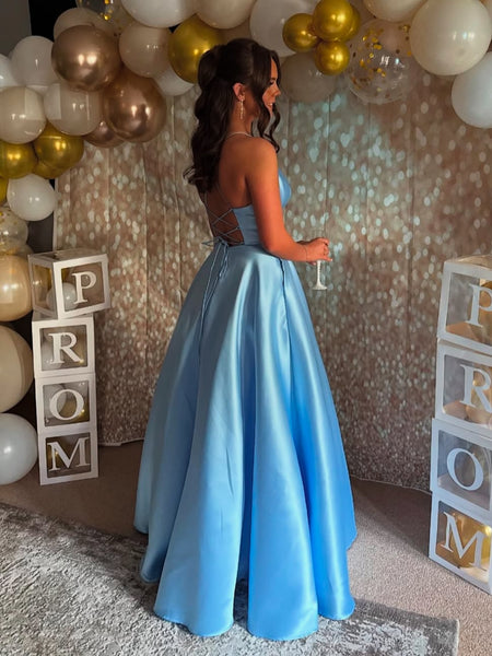 A Line V Neck Open Back Light Blue Satin Long Prom Dresses, Light Blue Formal Graduation Evening Dresses SP3467
