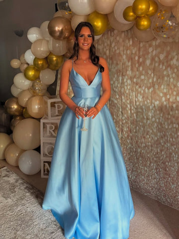 A Line V Neck Open Back Light Blue Satin Long Prom Dresses, Light Blue Formal Graduation Evening Dresses SP3467