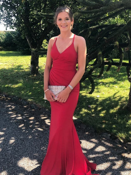 A Line V Neck Open Back Mermaid Red Satin Long Prom Dresses, Mermaid Red Formal Graduation Evening Dresses SP3306